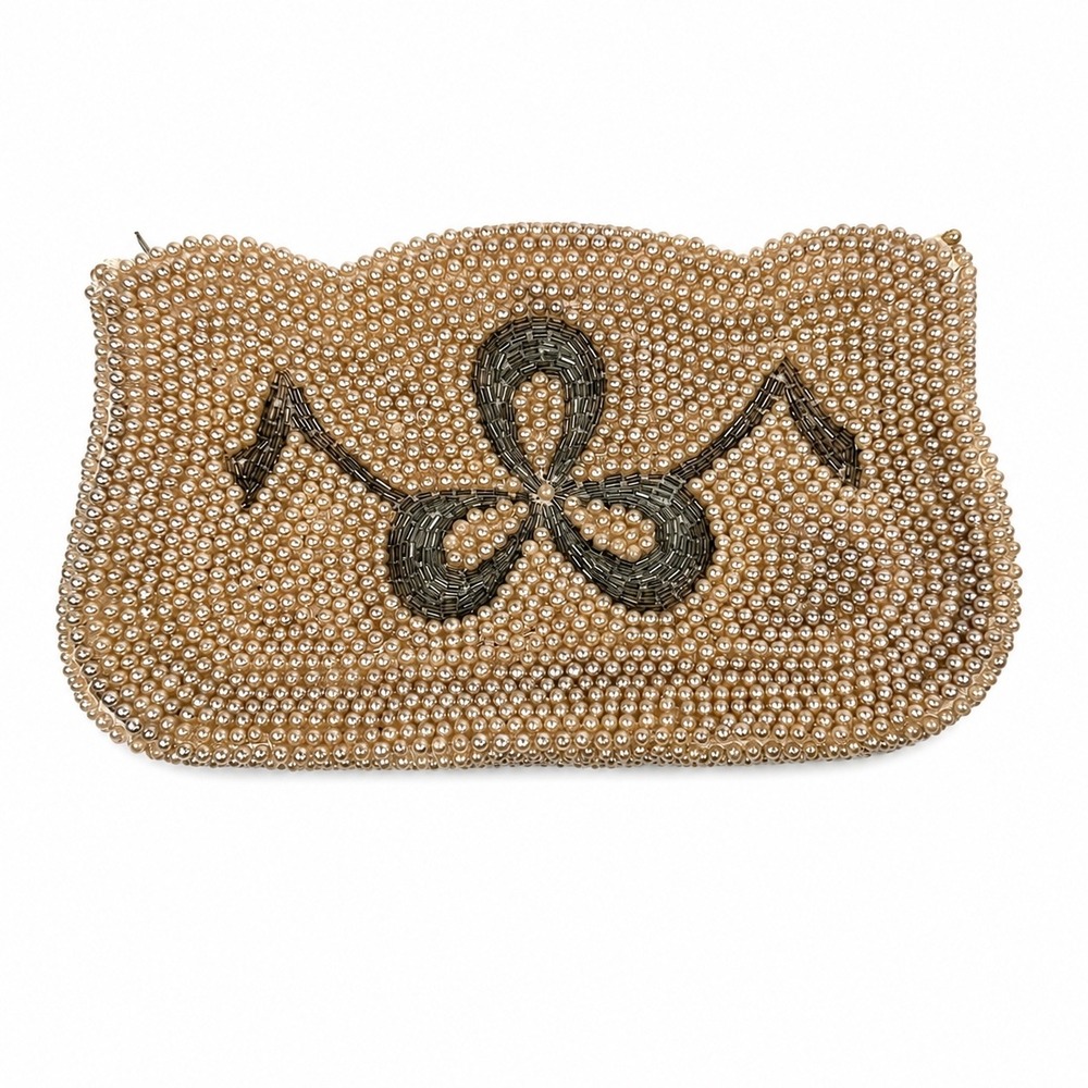 Vintage Faux Pearl Beaded Clutch Bag Cream Silver Bow Scalloped Evening Purse